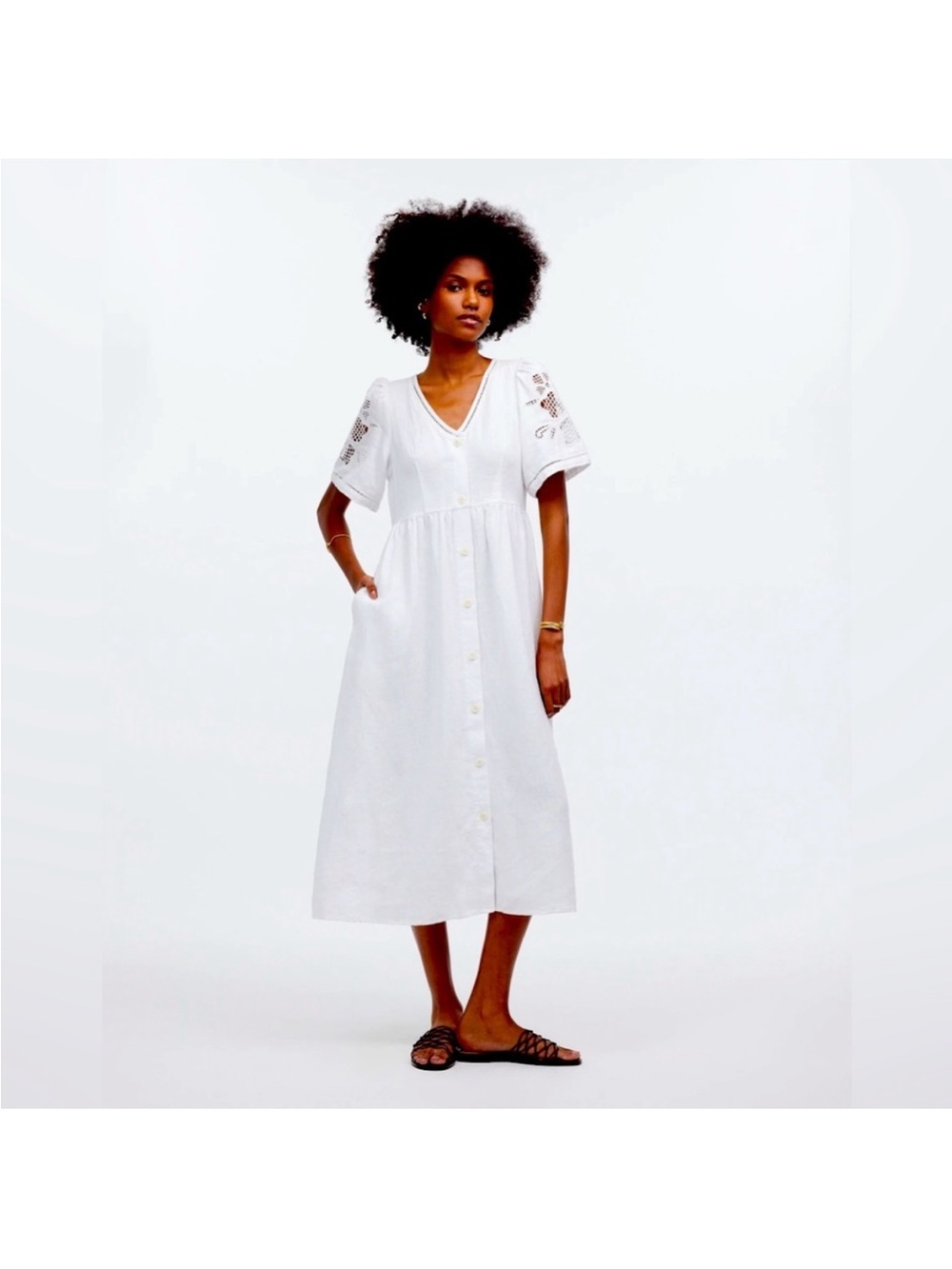 Madewell Cassie White Button-Front Eyelet Midi Dress